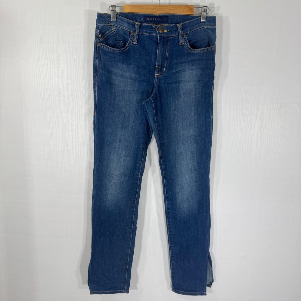 Rock & Republic‎ Berlin Denim Jeans, Blue Stretch Skinny slits hem Women Size 8M